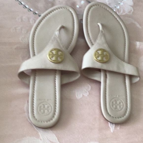 Tory Burch Shoes - Tory Burch Beige Sandals with Gold Logo